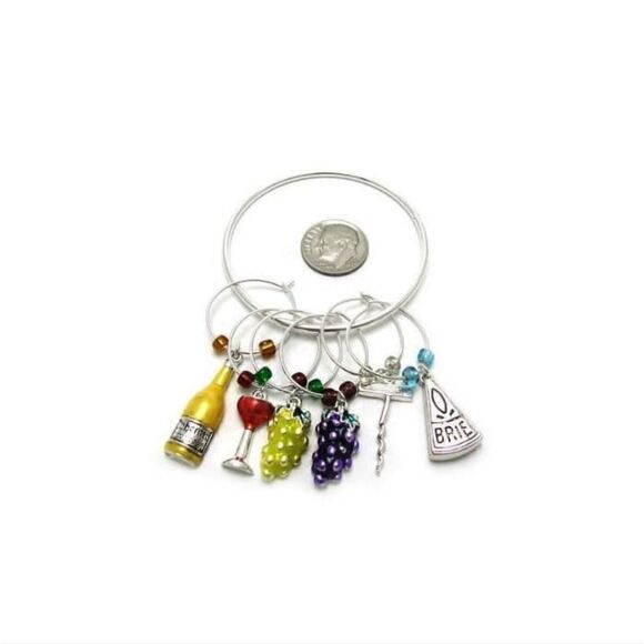 Wine Charms ~ Multi Color Wine, Cheese and Fruit Wine Charms Set of 6 (Style Win - Picture 3 of 4